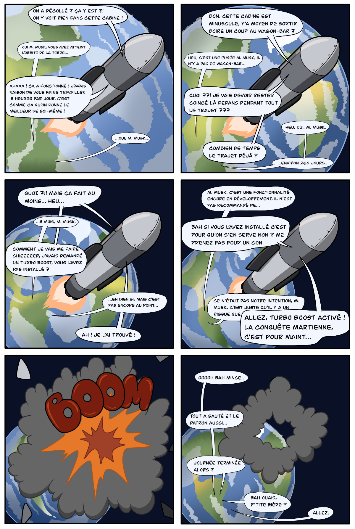 Webcomic montrant Elon Musk se faisant exploser dans sa fusée pour Mars par accident.